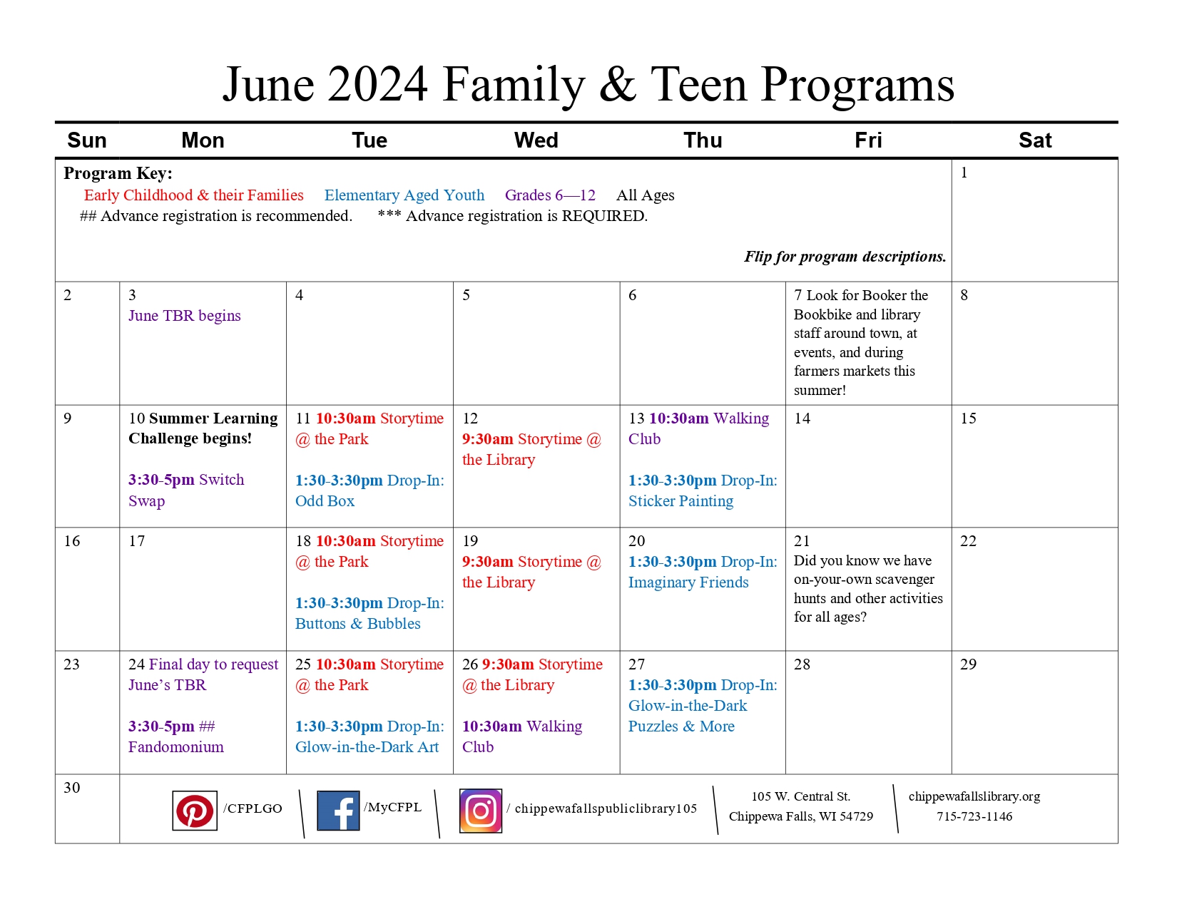 full calendar of events for the month of june 2024 for the youth programs