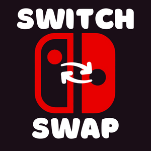 Graphic of white letters that spell switch swap with a red switch logo