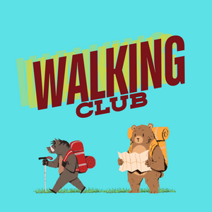 Clip art of a warthog wearing a back pack and a walking cane, a bear with a backpack reading a map and the letters Walking Club.