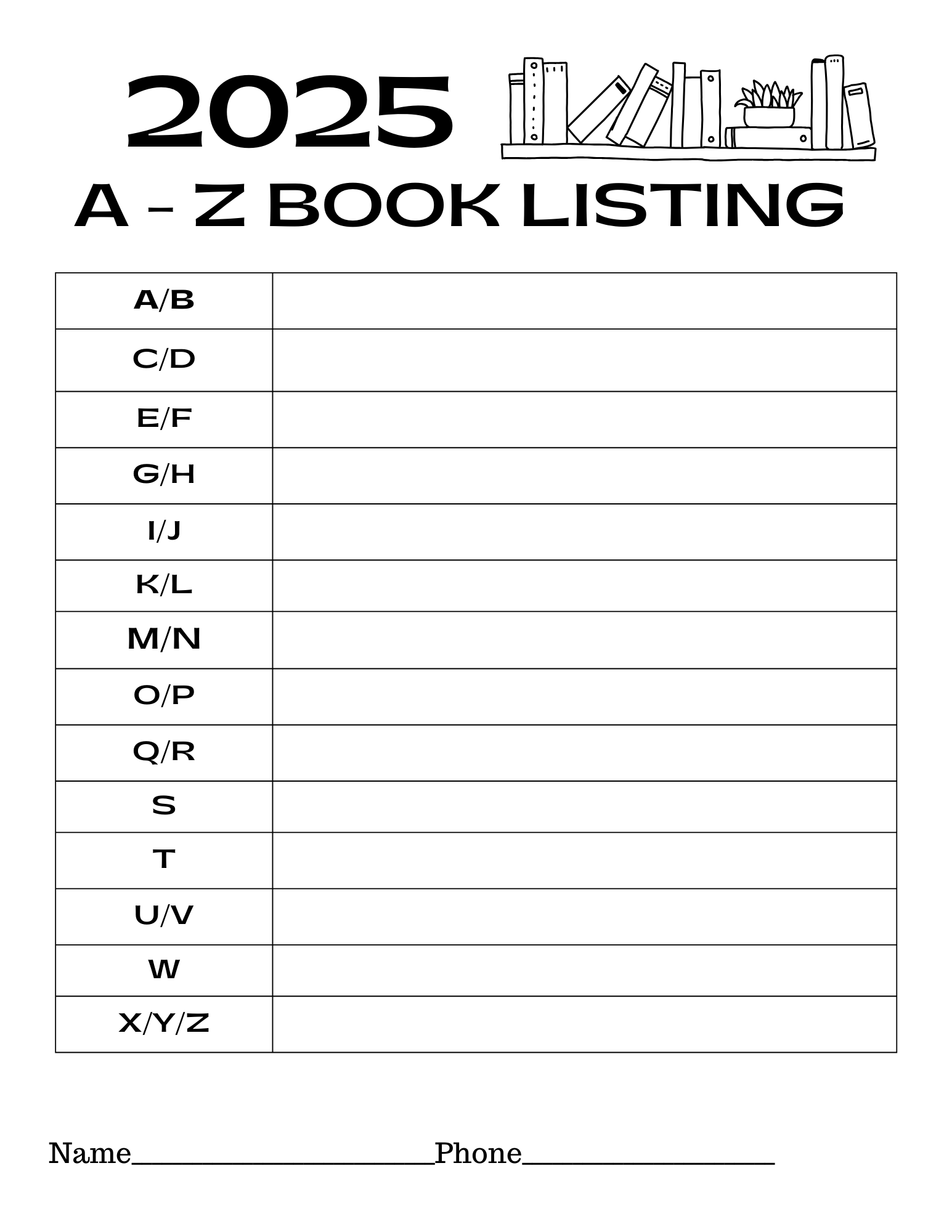 A to Z Book Listing 2025 Fillable Sheet