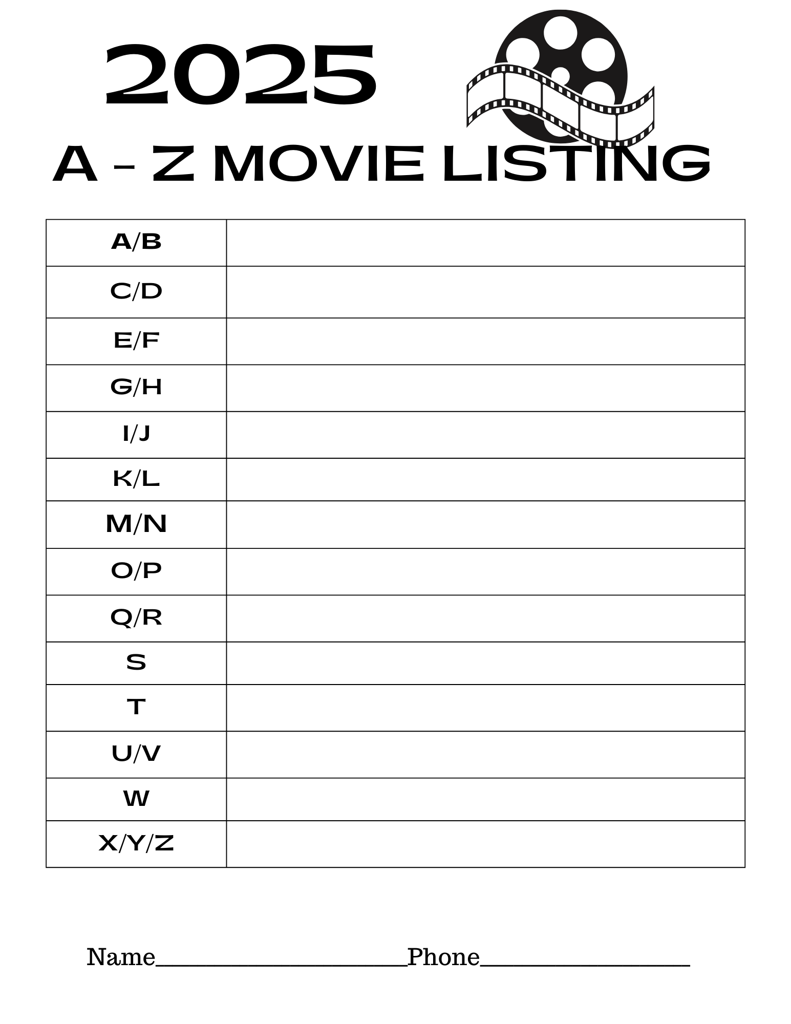 A to Z Movie Listing 2025 Fillable Sheet