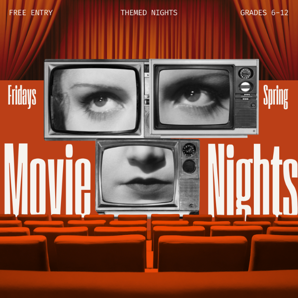 Artistic poster for movie nights featuring vintage TVs with a woman's face and red theater seats.