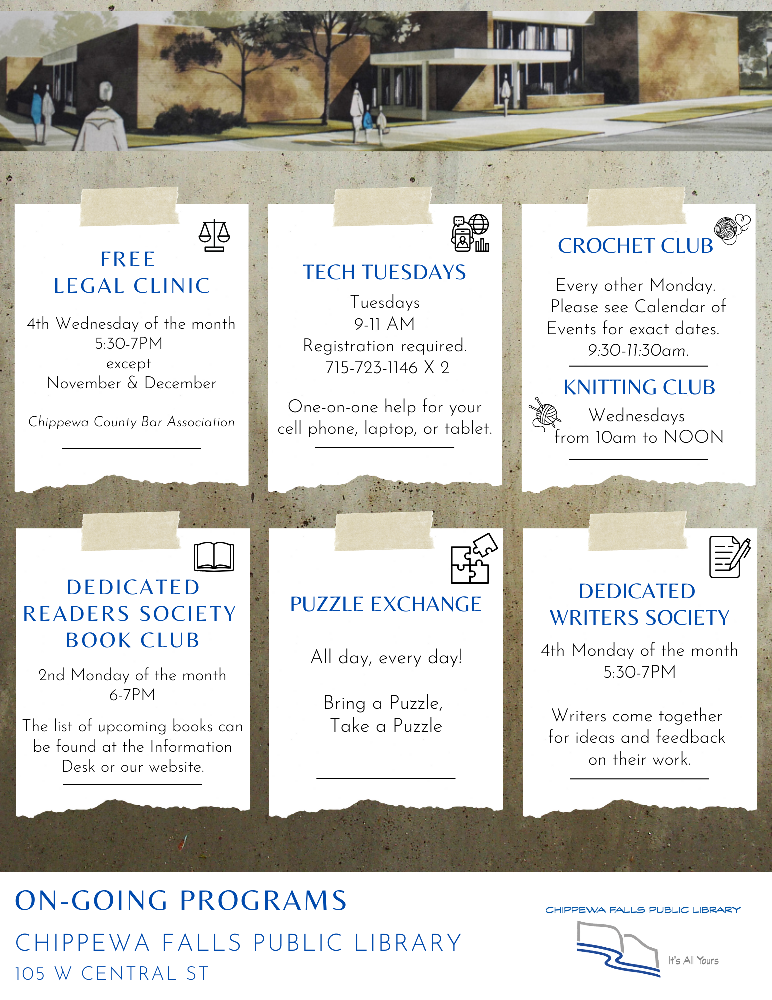 Chippewa Falls Public Library flyer detailing multiple ongoing programs, including legal clinic, tech help, crochet, knitting, book club, puzzle exchange, and writers society.