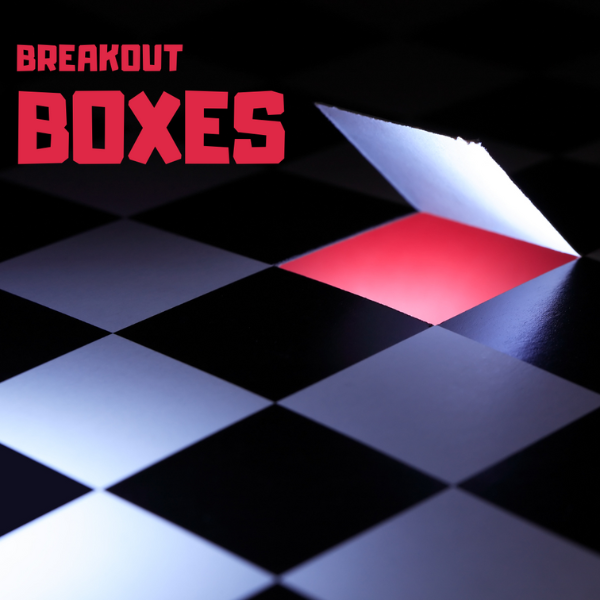 A checkered surface with one square lifted, revealing red light and the text "BREAKOUT BOXES."