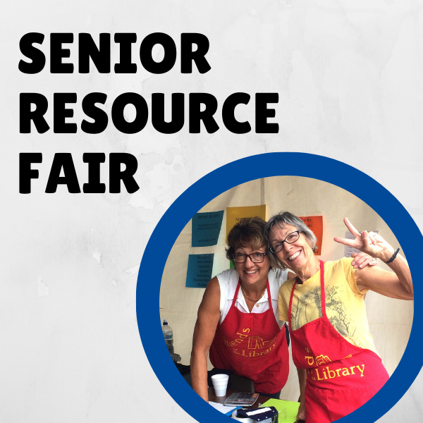 "Two women in red aprons smiling under the text 'SENIOR RESOURCE FAIR.'"