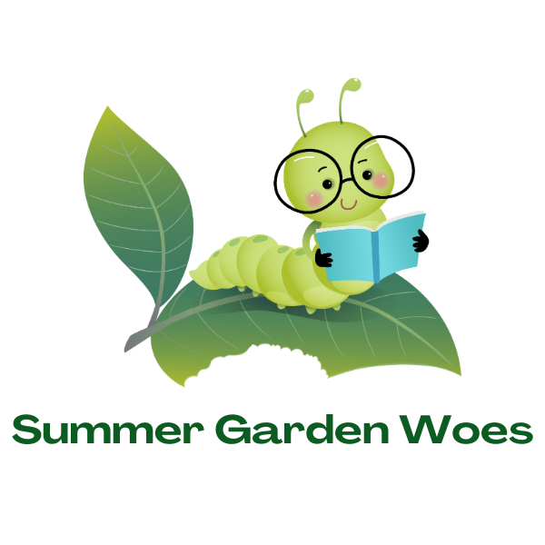 Cartoon caterpillar with glasses reading a book on a leaf, with the text "Summer Garden Woes" below.