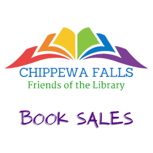 "Logo of an open book with colorful pages and the text 'Chippewa Falls Friends of the Library Book Sales.'"