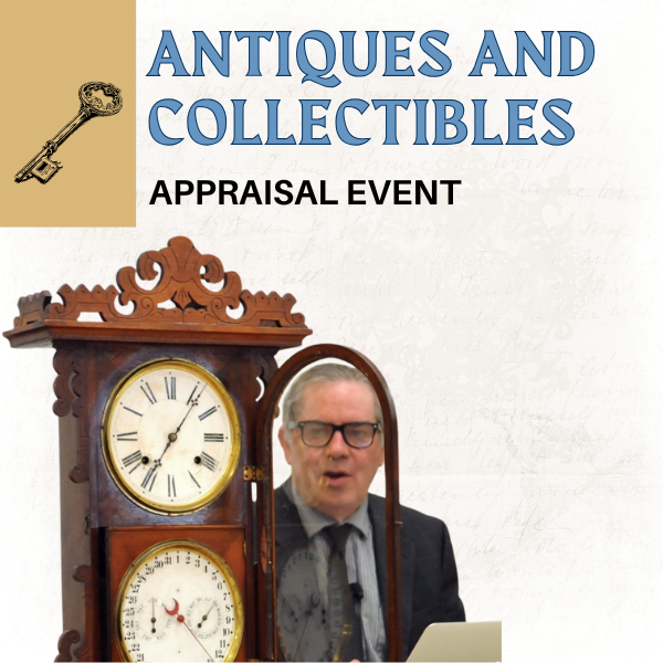 Antiques and collectibles appraisal event graphic with a man in front of an antique clock.