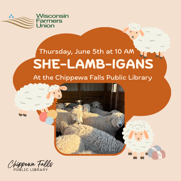 Promotional flyer for an event titled "SHE-LAMB-IGANS" with sheep illustrations and a photo of sheep in a barn.