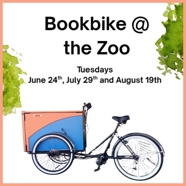 "Bookbike event announcement with a three-wheeled bicycle and storage box, set against a white background with green decorative splashes."