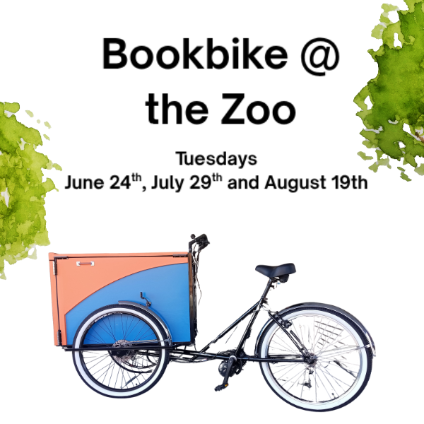 "Bookbike @ the Zoo promotional image with a bike and foliage."
