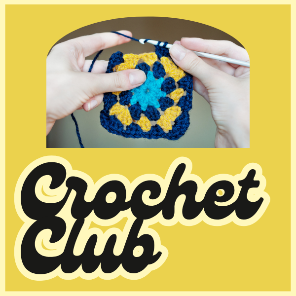 "Hands crocheting a granny square with 'Crochet Club' text below."