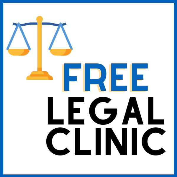 Legal clinic advertisement with a scale of justice and text reading "FREE LEGAL CLINIC."