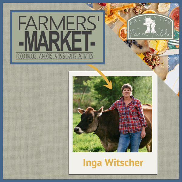 Promotional poster featuring a Farmers' Market announcement and a photo of a woman with a cow.