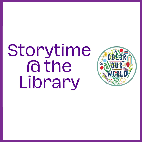 "Storytime @ the Library" with a colorful circular emblem on the right.