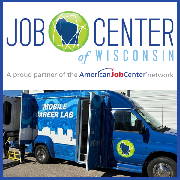 A logo for the Job Center of Wisconsin and an image of a blue van labeled "Mobile Career Lab."