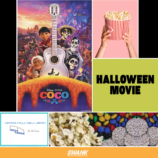 Collage featuring a "Coco" movie poster, popcorn, candies, Chippewa Falls Public Library logo, and "HALLOWEEN MOVIE" text.