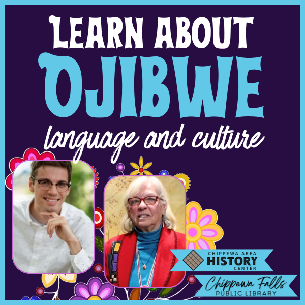 Promotional poster for learning about Ojibwe language and culture featuring portraits and floral designs.