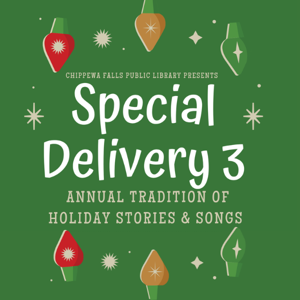 Green holiday-themed event poster with decorative ornaments and text about a library's holiday story and song tradition.