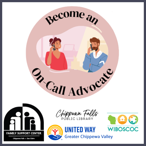 Illustration of two people talking on phones with text "Become an On-Call Advocate" and various organizational logos below.