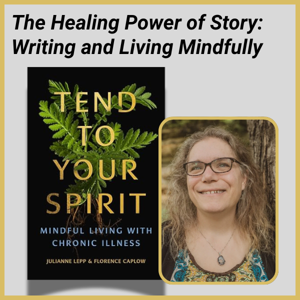 Book cover of "Tend to Your Spirit" alongside a photo of a smiling person with glasses.