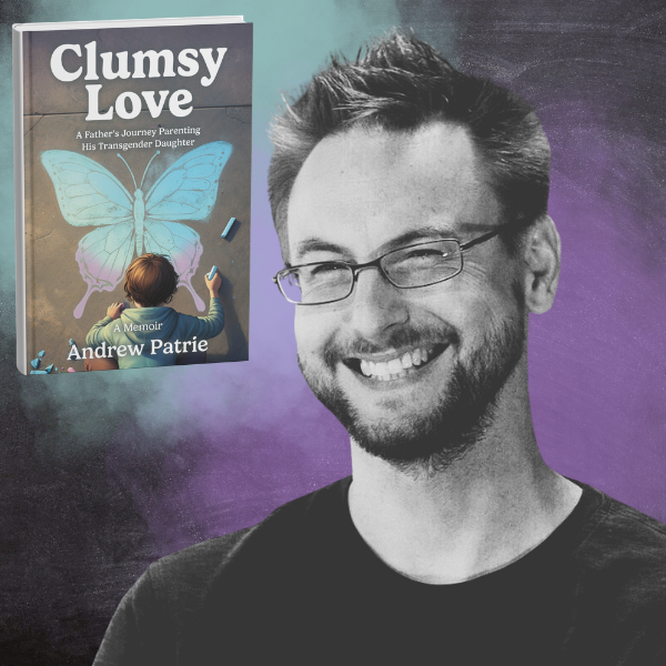 Book cover of "Clumsy Love" with a child drawing a butterfly, next to a grayscale portrait of a smiling man wearing glasses.