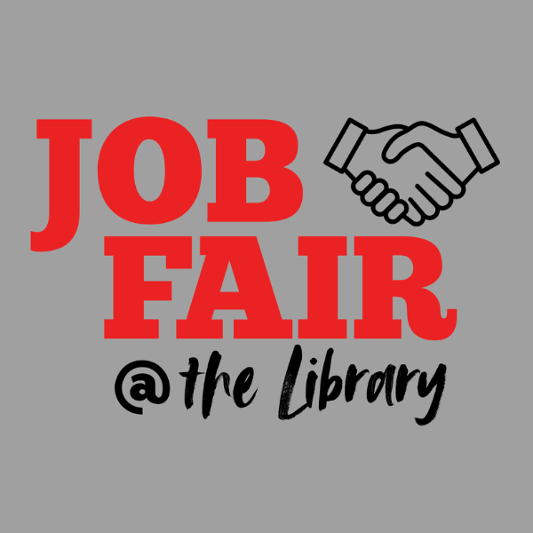 "Job Fair at the Library with handshake graphic."